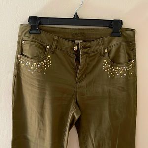 Army green embellished capris skinny leg
